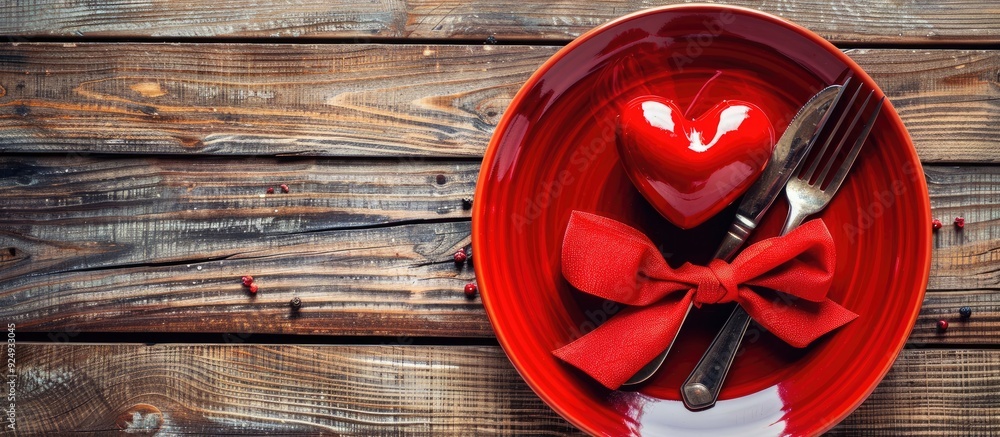 Aufkleber a fork and knife tied together with a red bow on a plate featuring a heart set against a wooden back