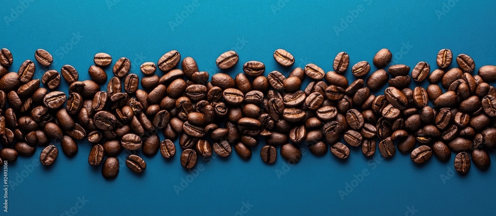 Fototapete blue backdrop and coffee beans. with copy space image. place for adding text or design