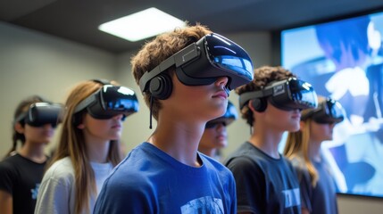 A group of students wearing VR headsets in a classroom, immersed in a virtual learning experience, guided by a teacher, demonstrating the integration of emerging technologies in education and the
