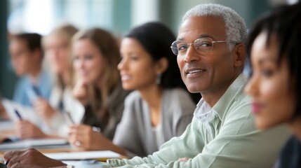 A group of adults in a continuing education class, engaged in learning new skills and knowledge, with a mix of ages and backgrounds, showcasing the lifelong pursuit of education and the opportunities
