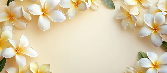 Fototapeta premium Festive plumeria flowers arrangement suited for any ceremony celebration invitation card frame copy space overhead view or backdrop