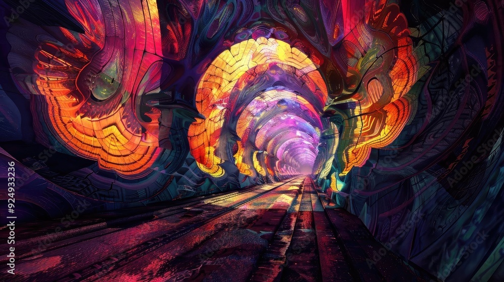 Aufkleber a vibrant, abstract tunnel filled with swirling colors and intricate patterns, creating a surreal an