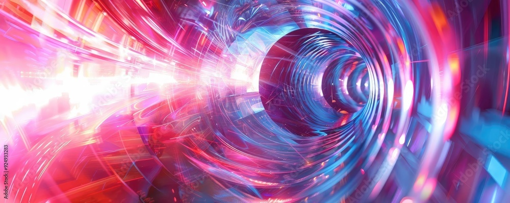 Poster a vibrant digital tunnel showcasing swirling colors and lights, creating a sense of depth and motion