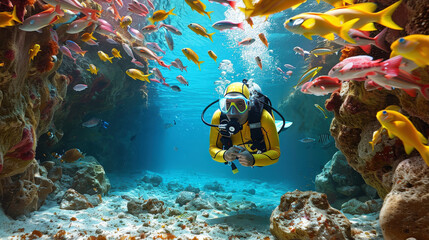 Underwater view scuba diver sunlight breaking through water, diver surrounded deep blue ocean