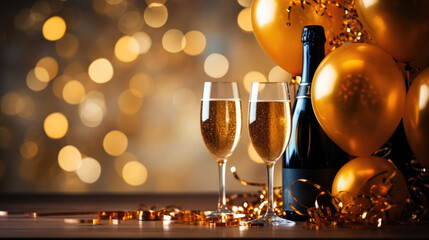 generated illustration of glasses and a bottle of champagne with bokeh light on black background.