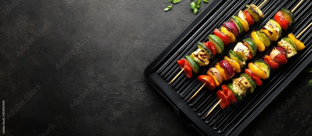 Poster vegetable and cheese skewers on an electric grill. with copy space image. place for adding text or d