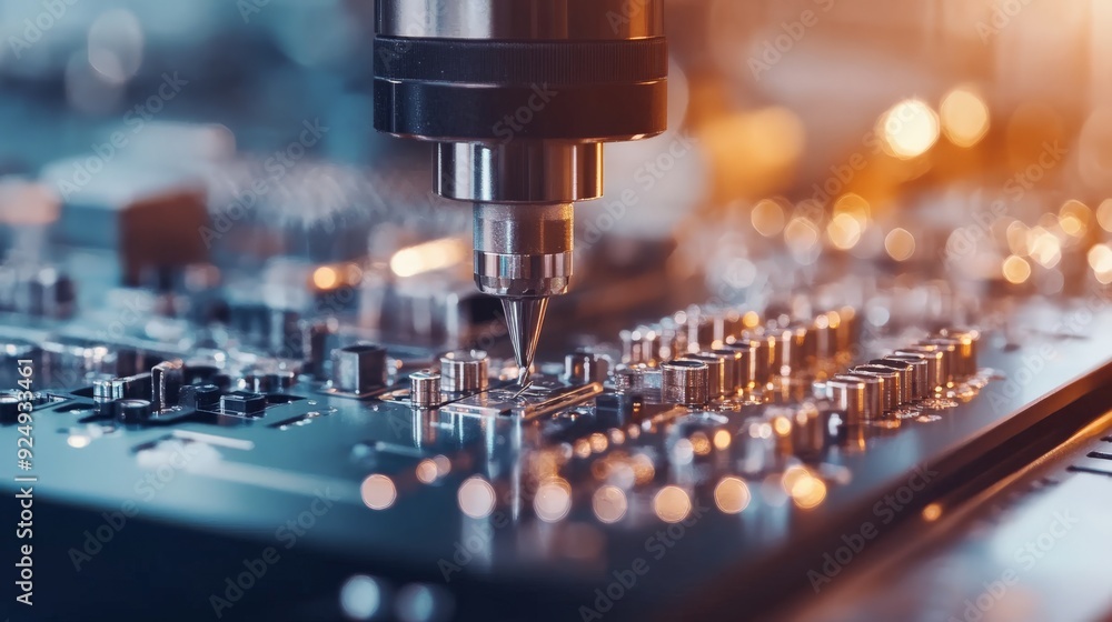 Poster close-up of a precision machining tool working on a circuit board, highlighting advanced electronic 