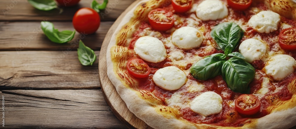 Poster homemade pizza margherita with tomatoes and mozzarella featuring red sauce on a wooden background cl