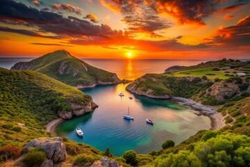 Obraz premium Vibrant orange hues illuminate the tranquil twin bays of Porto Timoni, surrounded by lush green hills, at a breathtaking sunset in Greece.
