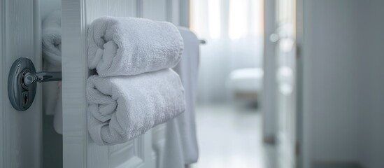 Towel and wooden tag label hanging sign indicating a clean room for hotels hostels dormitories or accommodations on a doorknob with copyspace