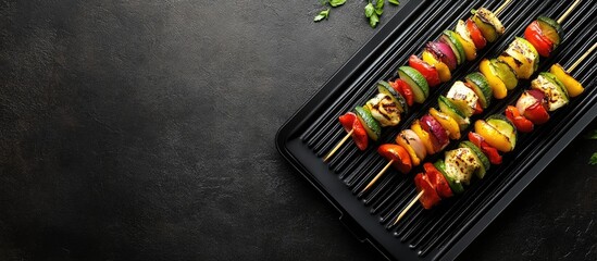 Vegetable and cheese skewers on an electric grill. with copy space image. Place for adding text or design