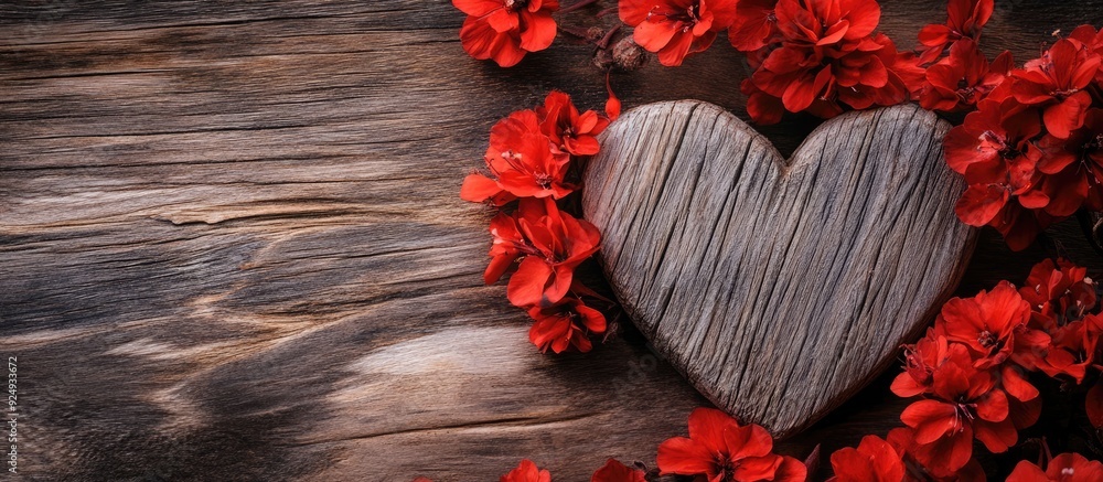 Poster red flowers alongside a wooden heart. with copy space image. place for adding text or design