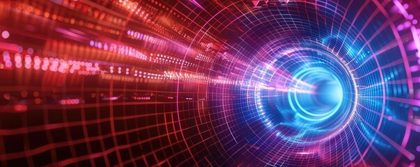 Obraz premium Futuristic tunnel of vibrant lights, showcasing dynamic energy and motion in a digital landscape. Perfect for tech and innovation themes.