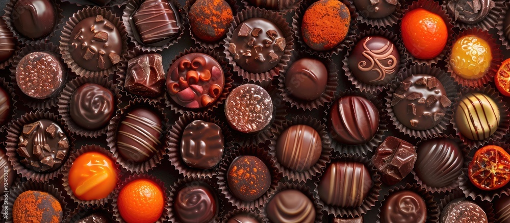 Poster spherical chocolate pralines are revealed in foil wrappers top view orange background copy space