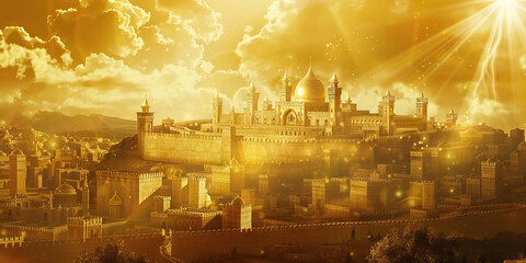 The New Jerusalem: The City of God Descending from Heaven - Picture a scene where the new Jerusalem descends from heaven, a city of pure gold, shining with the glory of God