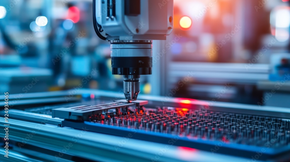 Poster close-up of a precision robotic arm working on a circuit board in a high-tech industrial setting, wi