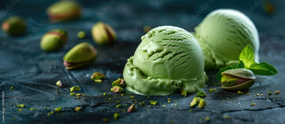 Poster A scoop of pistachio ice cream on a small marble slab. with copy space image. Place for adding text or design