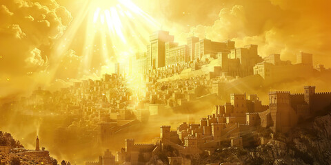 Fototapeta premium The New Jerusalem: The City of God Descending from Heaven - Picture a scene where the new Jerusalem descends from heaven, a city of pure gold, shining with the glory of God