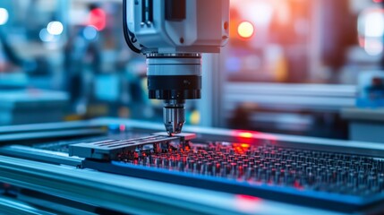 Close-up of a precision robotic arm working on a circuit board in a high-tech industrial setting, with blurred background and bright lights.