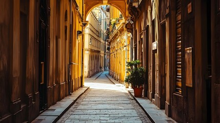 Fototapeta premium Arched Entrance with Hanging Blank Sign in European Street Setting