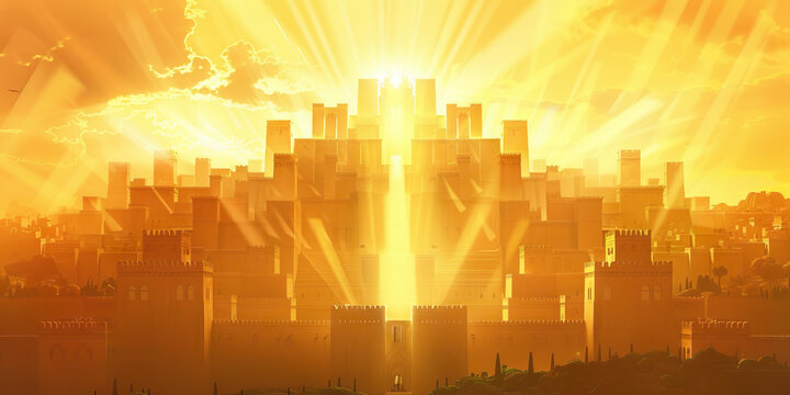 The New Jerusalem: The City of God Descending from Heaven - Picture a scene where the new Jerusalem descends from heaven, a city of pure gold, shining with the glory of God