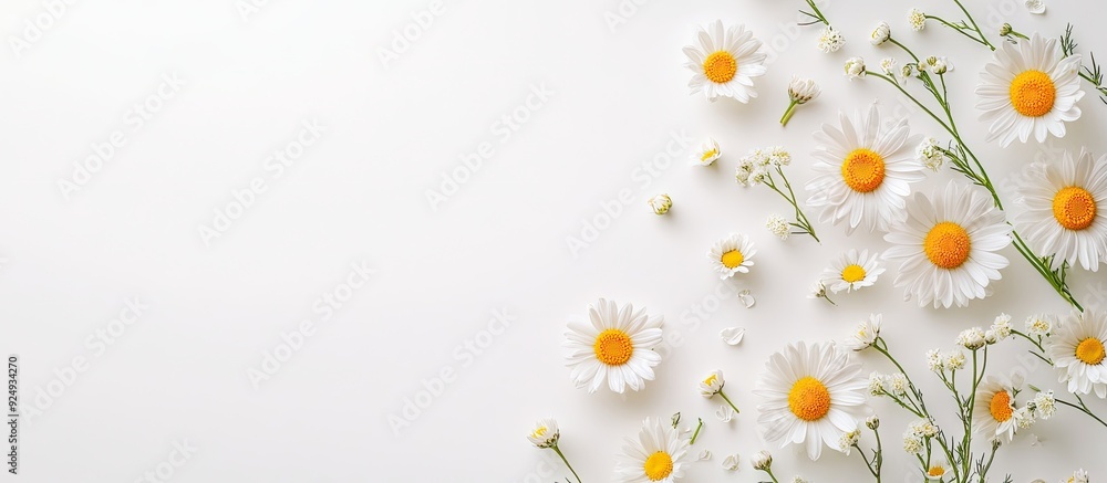 Leinwandbilder Flat lay arrangement featuring blooming daisies with text space on a white background Spring flowers. with copy space image. Place for adding text or design