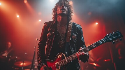 Guitarist rocking out on stage, orange under lights