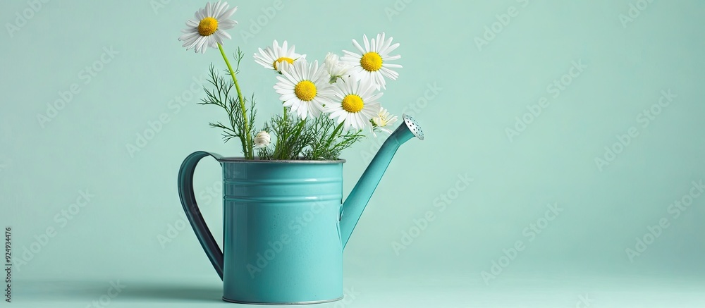 Aufkleber chamomile flower in a blue watering can set against a light mint background summer theme. with copy 