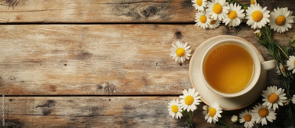 Poster herbal tea featuring chamomile flowers set against an old wooden table background. with copy space i