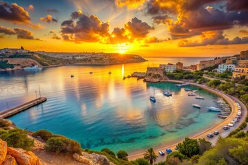 Obraz premium Serene Mellieha Bay in Malta transforms into a golden haven as the sun dips below the horizon, casting a warm orange glow on the turquoise waters.