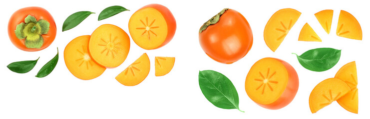 persimmon slice with leaves isolated on white background with copy space for your text. Top view. Flat lay pattern