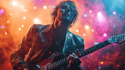 Obraz premium Rock guitarist performs energetically under colorful lights.