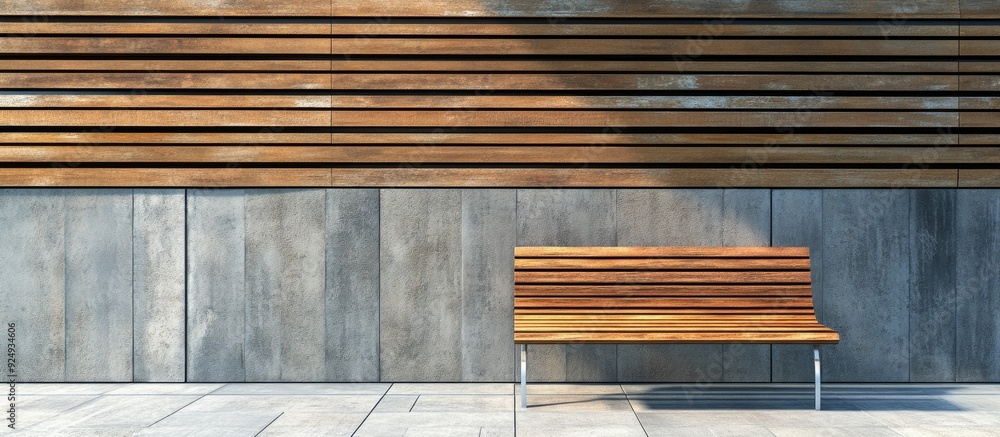 Aufkleber vacant wooden bench in contemporary architecture interior backdrop. with copy space image. place for
