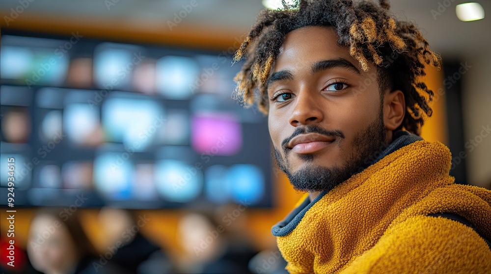 Aufkleber student explaining some ideas in a classroom on a touch tv looking at the camera college