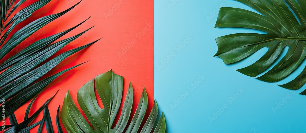 Poster Palm leaves are arranged on a blue and red background This is a minimal flat lay composition featuring copy space conveying a tropical and calming decorative theme