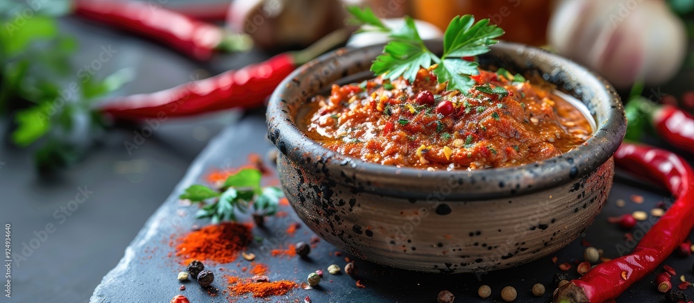 Poster a bowl of spicy georgian seasoning adjika made with red pepper and garlic displayed on a concrete ta