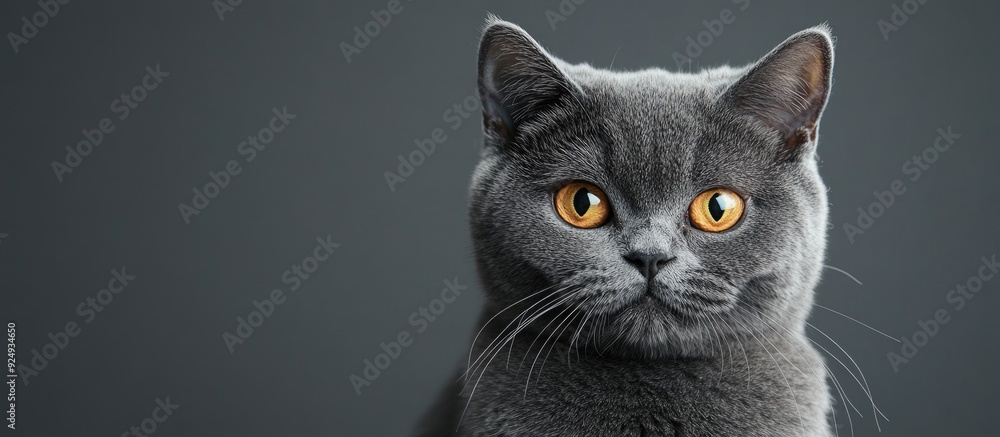 Poster Close up portrait of a British Shorthair cat resting against a gray background. with copy space image. Place for adding text or design
