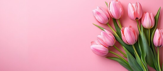 Obraz premium Pink tulips on a pink background Flat lay top view Copyspace