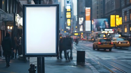 Blank Signage on Bustling City Street Corner with Lively Urban Backdrop