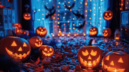 Fototapeta premium Halloween theme party with cheerful atmosphere with jack-o-lanterns, interior. Generative AI.
