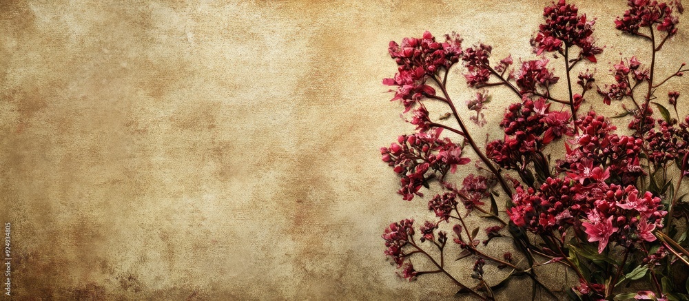 Poster textured vintage paper background featuring red valerian. with copy space image. Place for adding text or design