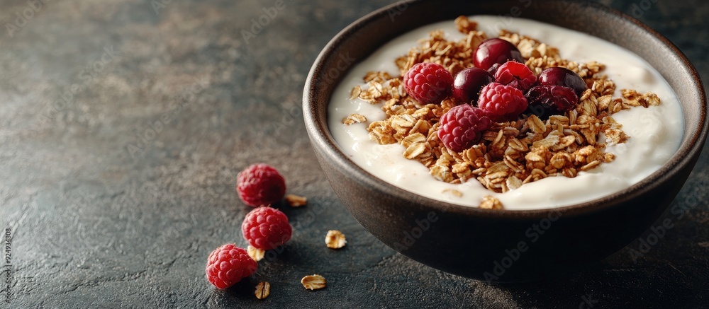 Poster Bowl of granola with oats yogurt fresh raspberries and cranberries. with copy space image. Place for adding text or design