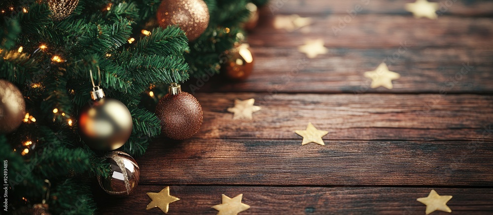 Aufkleber Christmas Tree and ornaments on a wooden background with space for text. with copy space image. Place for adding text or design