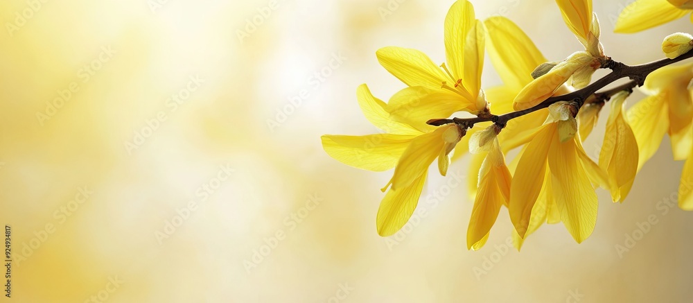 Aufkleber close up of forsythia flowers at the end of a branch featuring space for copy