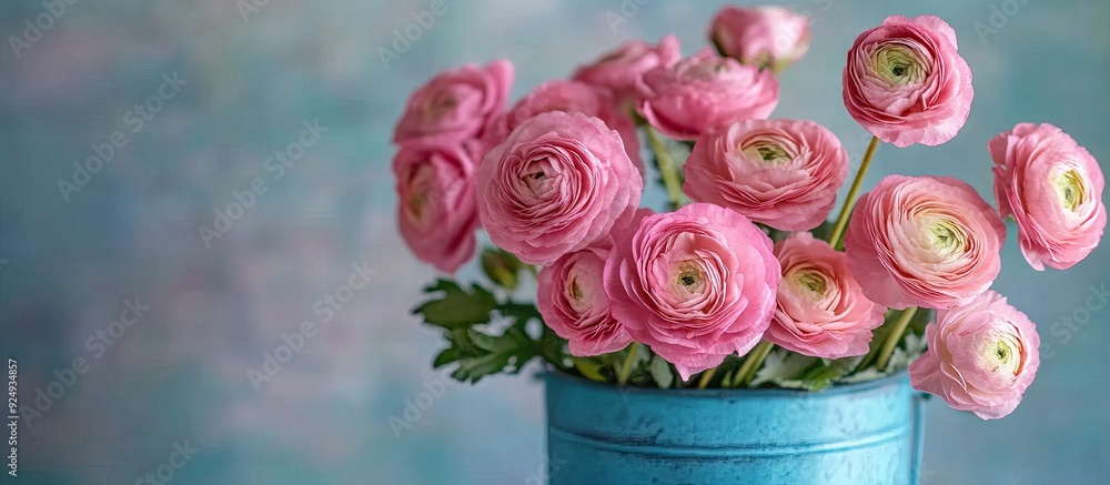 Poster a group of pink ranunculus and rose flowers in a blue pot. with copy space image. place for adding t