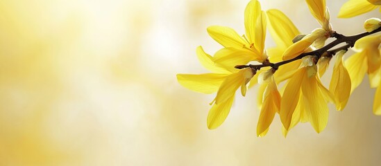 Fototapeta premium Close up of forsythia flowers at the end of a branch featuring space for copy