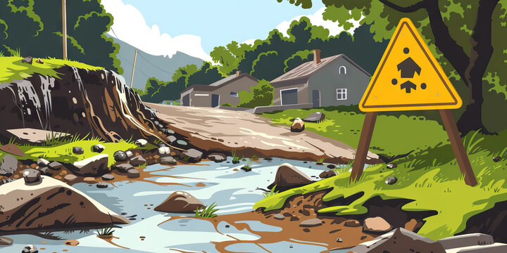Mudslide Alert: Monitoring Conditions for Potential Mudslides - Visualize a caution sign indicating a mudslide alert, advising residents to be aware of conditions that could lead to mudslides