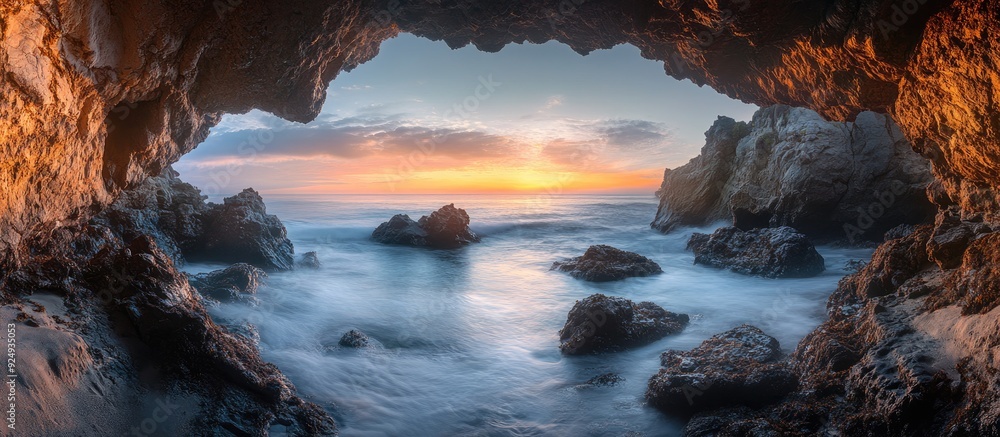 Aufkleber coastal cave arch views showcase a stunning full color sunrise over the ocean a long exposure produc