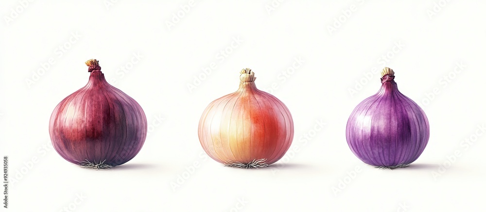 Poster three onions set against a white background. with copy space image. place for adding text or design