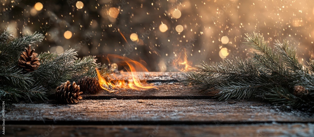 Poster Toned photo on a wooden surface featuring a burning garland and spruce branches. with copy space image. Place for adding text or design
